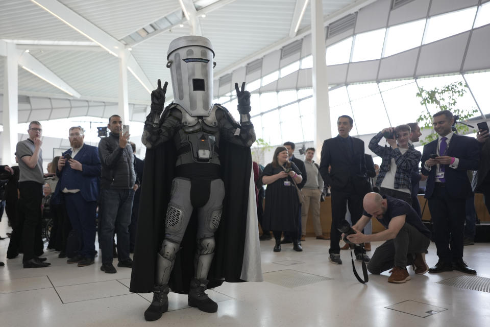 Count Binface a candidate in the London Mayoral election poses for the cameras at the count result in City Hall in London, Saturday, May 4, 2024. (AP Photo/Alastair Grant)