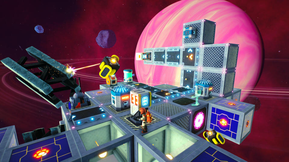 Screenshot of colorful astronaut and environment from Space Trash Scavenger