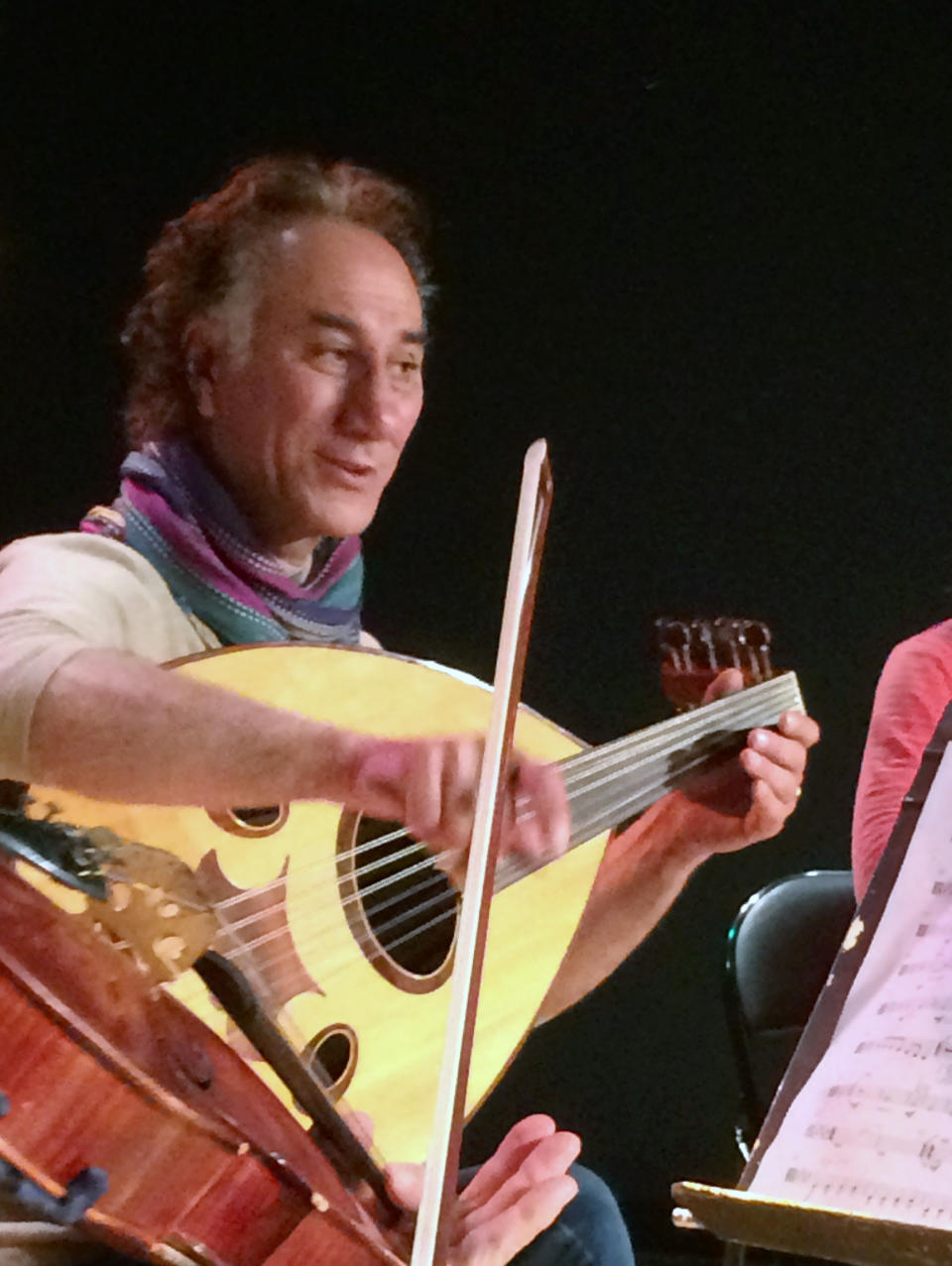 Iraqi American composer and musician Rahim AlHaj rehearses in Dearborn, Mich., Thursday, March 23, 2017. AlHaj composed a series of pieces based on the letters of eight Iraqis sharing personal tales during wartime. (AP photo/Jeff Karoub)