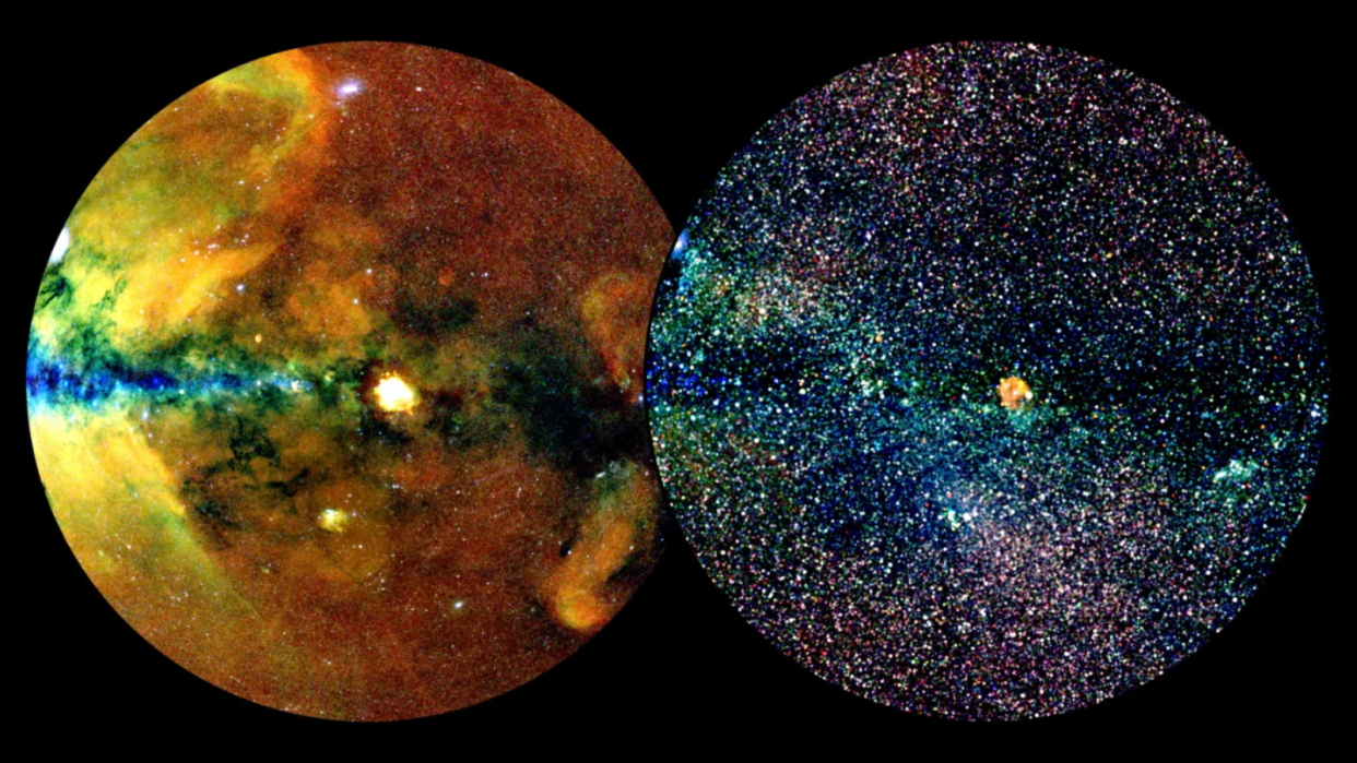  Two versions of the eROSITA All-Sky Survey Catalogue (eRASS1) data (Right) the X-ray sky over earth (right) X-ray sources. 