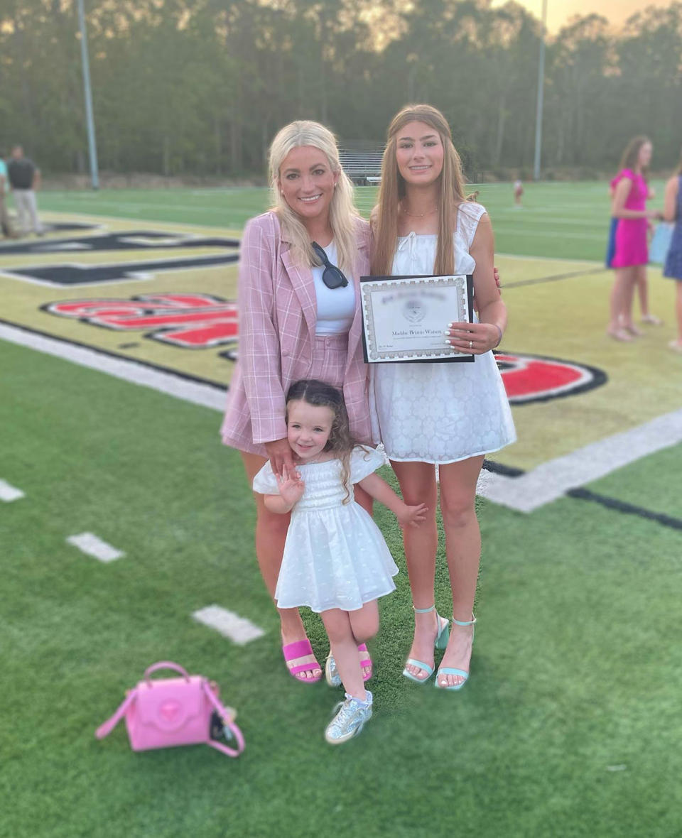 <p>Jamie Lynn Spears celebrated daughter <a href="https://people.com/parents/jamie-lynn-spears-recounts-daughter-maddie-near-death-accident/" rel="nofollow noopener" target="_blank" data-ylk="slk:Maddie;elm:context_link;itc:0;sec:content-canvas" class="link ">Maddie</a>'s middle school graduation, sharing sweet family photos from the special event on <a href="https://www.instagram.com/p/CdxTSRsuEPu/" rel="nofollow noopener" target="_blank" data-ylk="slk:Instagram;elm:context_link;itc:0;sec:content-canvas" class="link ">Instagram</a>.</p> <p>Spears, her husband <a href="https://people.com/music/jamie-lynn-spears-husband-jamie-watson-family-supports-britney-spears-conservatorship/" rel="nofollow noopener" target="_blank" data-ylk="slk:Jamie Watson;elm:context_link;itc:0;sec:content-canvas" class="link ">Jamie Watson</a> and their daughter <a href="https://people.com/parents/jamie-lynn-spears-welcomes-daughter-ivey-joan-first-photo/" rel="nofollow noopener" target="_blank" data-ylk="slk:Ivey Joan;elm:context_link;itc:0;sec:content-canvas" class="link ">Ivey Joan</a> all showed their support for Maddie as the 13-year-old received her diploma. </p> <p>"High schooler🎓📚👩🏼‍🏫✏️ (🤯🙎🏼‍♀️💔🥺😭)," Spears captioned her post.</p>