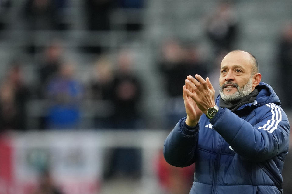 Nottingham Forest's Portuguese manager Nuno Espirito Santo applauds at the end of the English Premier League football match between Newcastle United and Nottingham Forest at St James' Park in Newcastle-upon-Tyne, north east England on December 26, 2023. Nottingham Forest wins 3 - 1 against Newcastle United. (Photo by ANDY BUCHANAN / AFP) / RESTRICTED TO EDITORIAL USE. No use with unauthorized audio, video, data, fixture lists, club/league logos or 'live' services. Online in-match use limited to 120 images. An additional 40 images may be used in extra time. No video emulation. Social media in-match use limited to 120 images. An additional 40 images may be used in extra time. No use in betting publications, games or single club/league/player publications. /  (Photo by ANDY BUCHANAN/AFP via Getty Images)