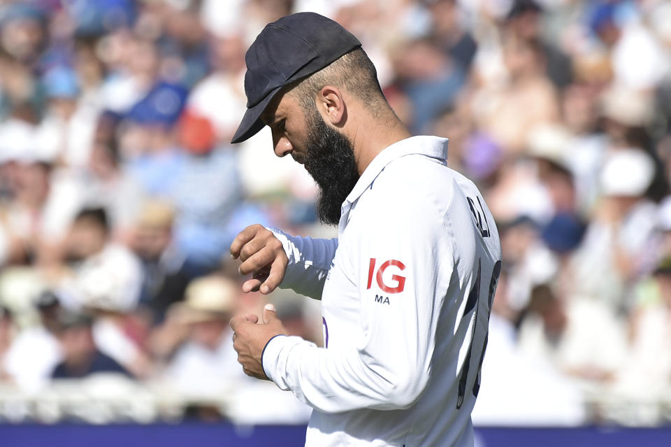 England's Moeen Ali during day four of the first Ashes Test cricket match, at Edgbaston, Birmingham, England, Monday, June 19 2023. (AP Photo/Rui Vieira)