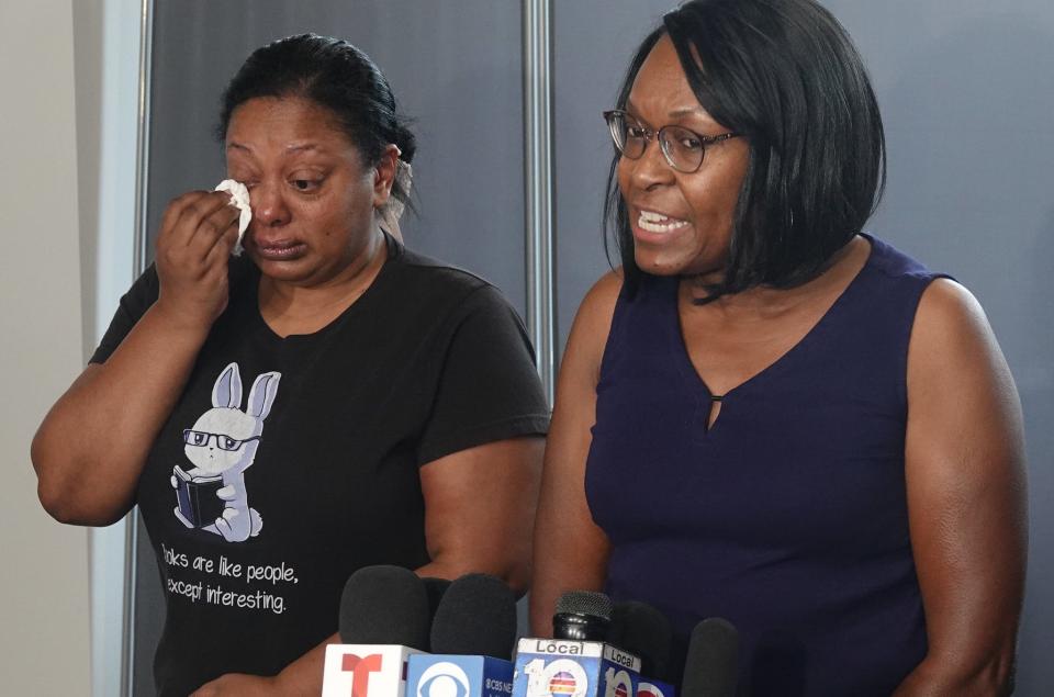 Anne Ramsay speaks after the jury recommends life in prison for Marjory Stoneman Douglas High School shooter Nikolas Cruz at the Broward County Courthouse in Fort Lauderdale on Thursday, Oct. 13, 2022, as Michelle Thomas listens. Ramsay's daughter, Helena, was killed in the 2018 shootings. Thomas was Helena Ransay's cousin. Cruz previously plead guilty to all 17 counts of premeditated murder and 17 counts of attempted murder in the 2018 shootings.