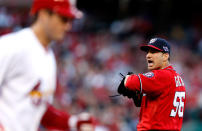 Christian Garcia #56 of the Washington Nationals reacts after walking David Freese #23 of the St. Louis Cardinals in the fifth inning during Game Two of the National League Division Series at Busch Stadium on October 8, 2012 in St Louis, Missouri. (Photo by Jamie Squire/Getty Images)