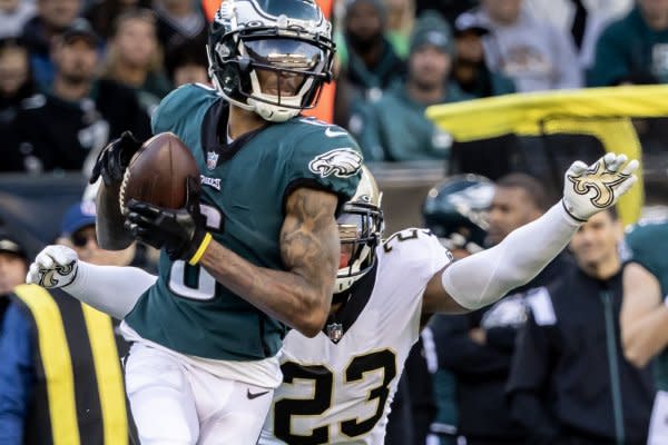 Wide receiver DeVonta Smith (L) and the Philadelphia Eagles will host the San Francisco 49ers on Sunday in Philadelphia. File Photo by Laurence Kesterston/UPI