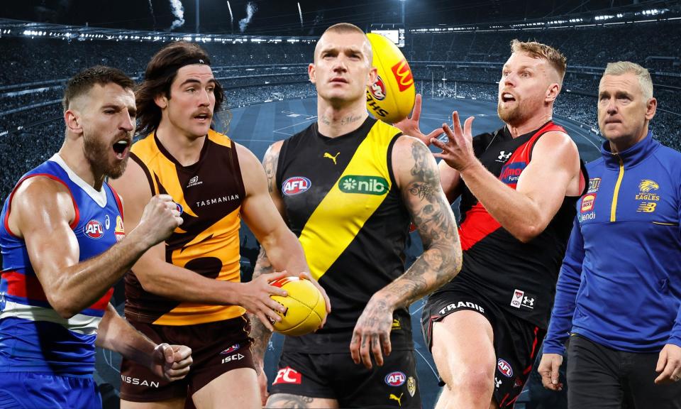 <span>(From left to right) Marcus Bontempelli, Jai Newcombe, Dustin Martin, Jake Stringer and Adam Simpson.</span><span>Photograph: Morgan Hancock/AFL Photos/Getty Images</span>