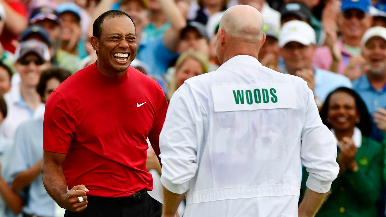  Tiger Woods celebrates after winning the 2019 Masters 