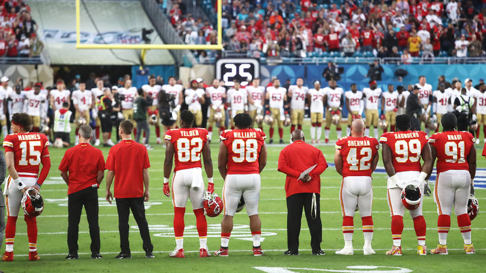 The San Francisco 49ers and Kansas City Chiefs, pictured here observing a moment of silence to honour Kobe Bryant.