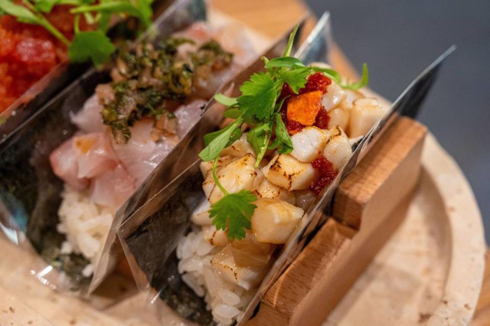 An escolar hand roll is ready to serve at Hello Temaki in Elk Grove last week. The hand roll comes with seared escolar, garlic and micro cilantro on rice.