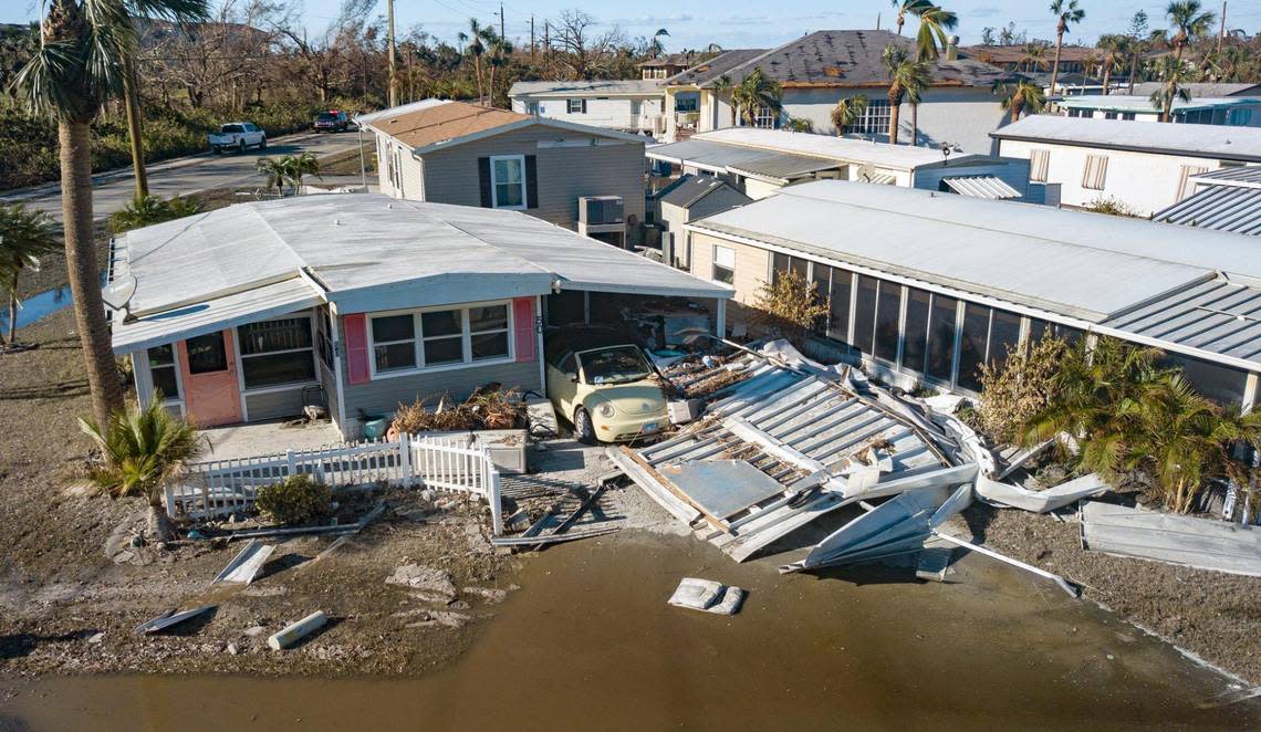 A mobile home in the Iona community in Fort Myers on Sunday, October 2, 2022, damaged by the storm surge caused when Hurricane Ian struck the area.