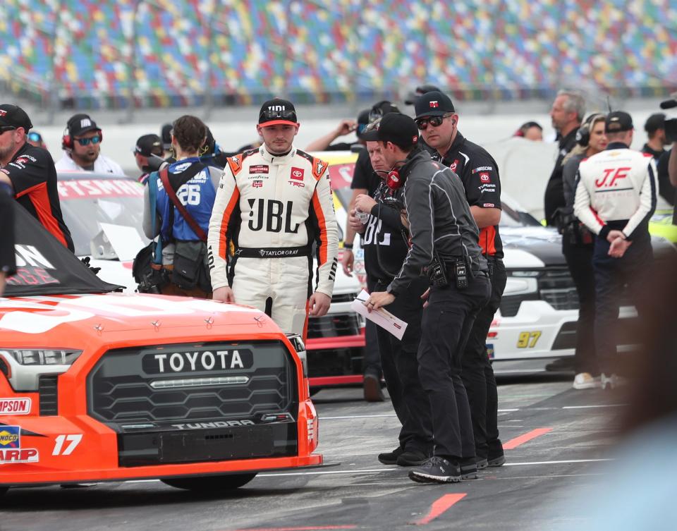 Craftsman Truck Series drivers wait their turn at qualifying, Friday February 16, 2024, for the Fresh From Florida 250 at Daytona International Speedway.