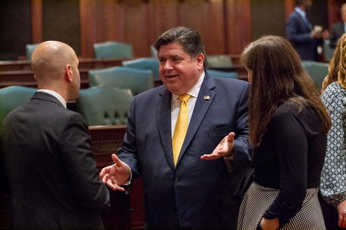 Gov. JB Pritzker is not certain whether a new partially taxpayer-funded new stadium for the Chicago Bears should be a priority for the state, seen here on the the House floor in the Illinois State Capitol on Thursday, April 18, 2024.