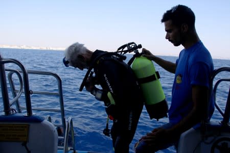 Ray Woolley, diver and World War Two veteran, is seen before breaking a new diving record as he turns 96 by taking the plunge at the Zenobia, a cargo ship wreck off the Cypriot town of Larnaca