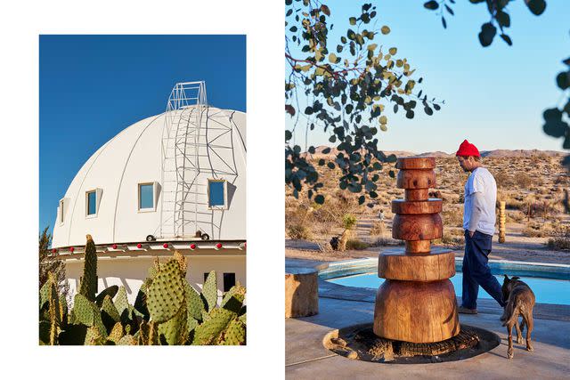 <p>Yasara Gunawardena</p> From left: The Integratron, created as a sort of alien-medicine laboratory by a local “UFOlogist,” is now listed on the National Register of Historic Places; Joshua Tree–based sculptor Dan John Anderson with one of his signature wood pieces and his dog, Rookie.
