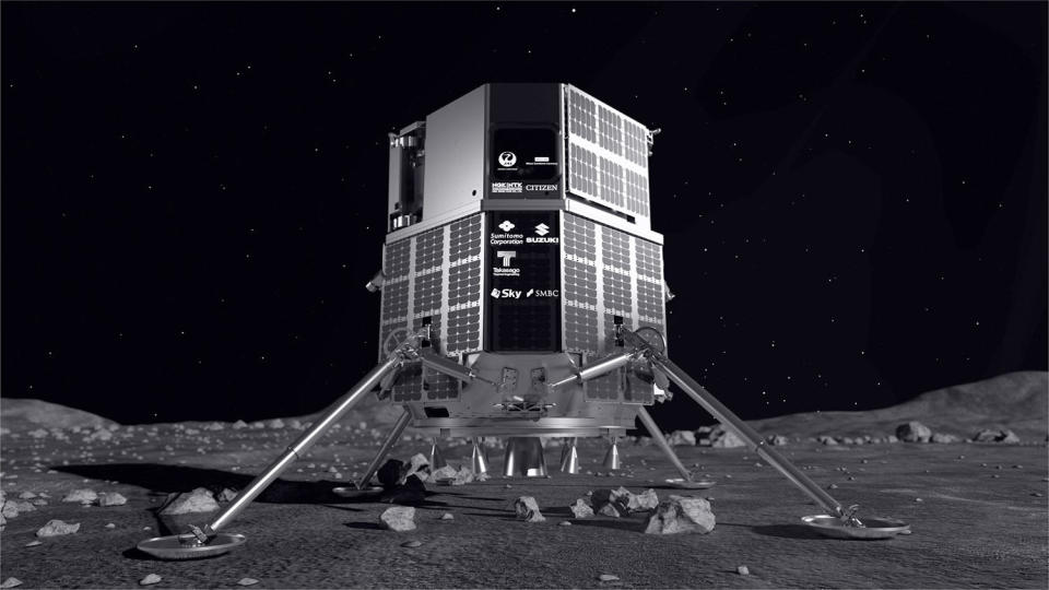 An artist's impression of ispace's 1-ton Hakuto-R lunar lander on the surface of the moon. As the partner company logos indicate, the spacecraft is the first privately developed moon lander to make it into space. / Credit: ispace