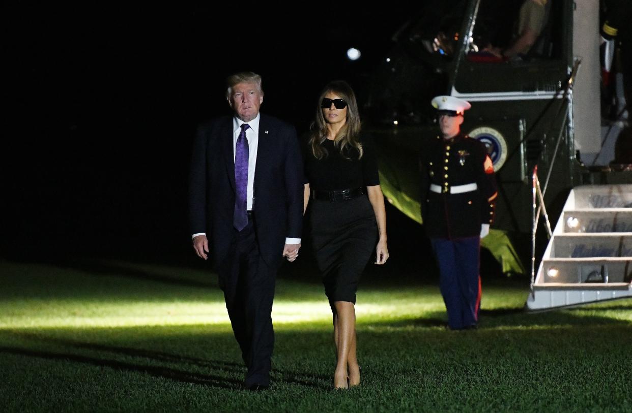 First Lady Melania Trump has been mocked for wearing sunglasses at night [Photo: Getty]