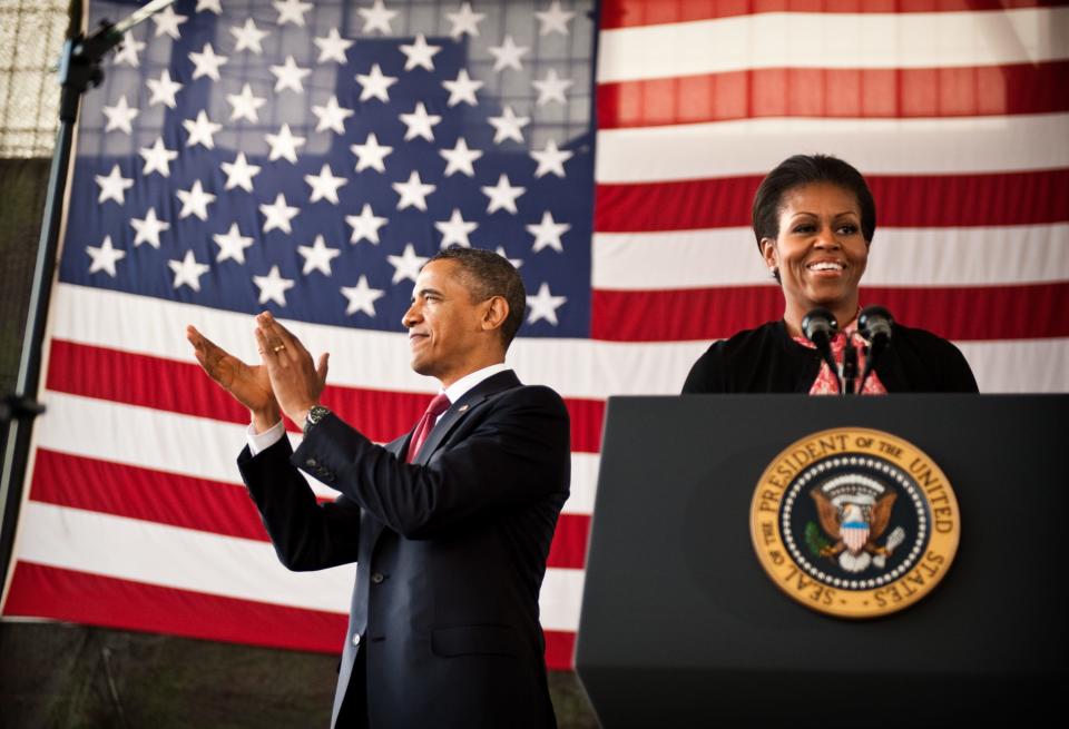 President Barack Obama claps as the First lady Michelle Obama speaks to troops at then-Fort Bragg, N.C., now Fort Liberty, on Wednesday, Dec. 14, 2011. Michele Morrow, 2024 Republican candidate for state schools superintendent, tweeted over several posts in 2019 and 2020 that Obama, the first Black president, was a Muslim operative who sought to destroy the U.S. and deserved execution.