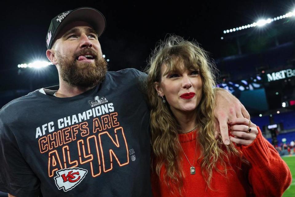 Kansas City Chiefs tight end Travis Kelce celebrates with Taylor Swift after defeating the Baltimore Ravens in the AFC Championship Game at M&T Bank Stadium on Jan. 28, 2024, in Baltimore. Patrick Smith/TNS