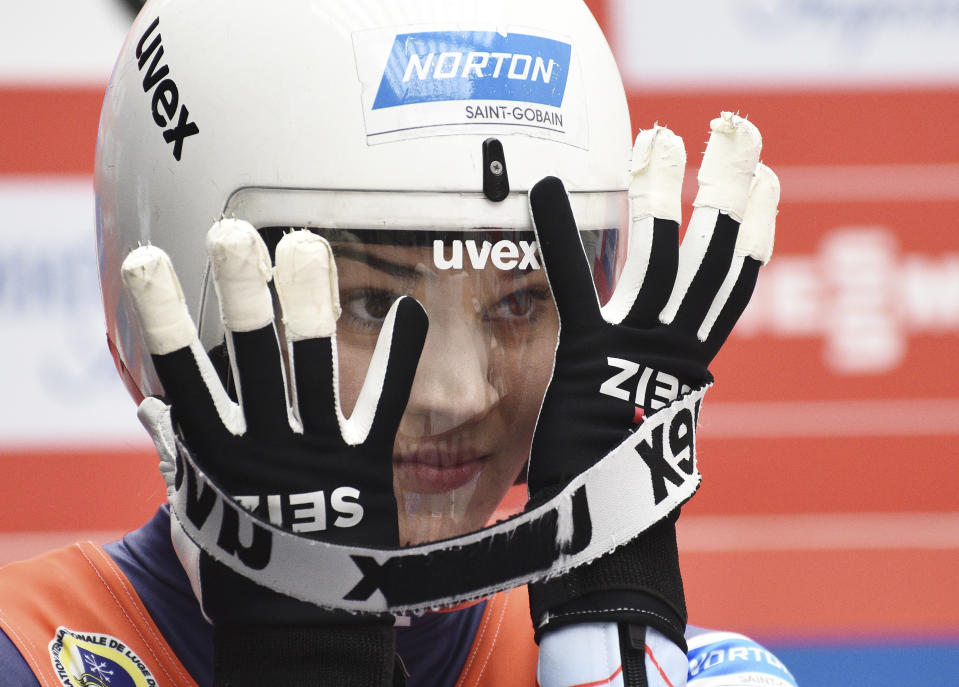 Summer Britcher of the U.S. prepares to compete in women competition at the Luge World Cup 2018/2019 in Sochi, Russia, Saturday, Feb. 23, 2019. (AP Photo/Ekaterina Lyzlova)