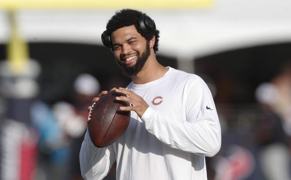 Aug 1, 2024; Canton, Ohio, USA; Chicago Bears quarterback Caleb Williams (18) warms up before the game against the Houston Texans at Tom Benson Hall of Fame Stadium. Mandatory Credit: Charles LeClaire-USA TODAY Sports