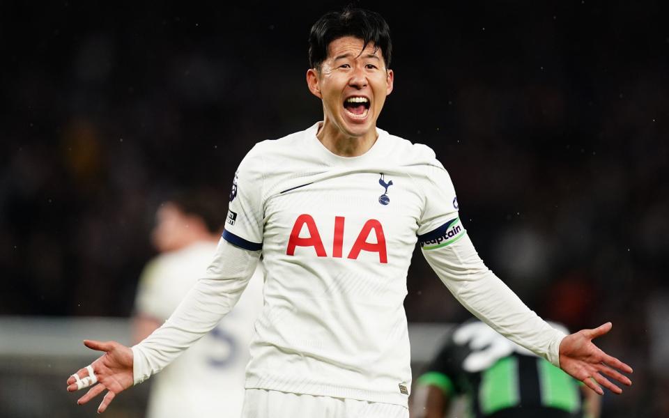 Tottenham Hotspur's Son Heung-Min celebrates their side's second goal, scored by team-mate Brennan Johnson during the Premier League match at the Tottenham Hotspur Stadium, London. Picture date: Saturday February 10, 2024.