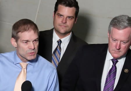 U.S. Representative Jordan speaks to reporters outside House Intelligence Committee offices on Capitol Hill in Washington