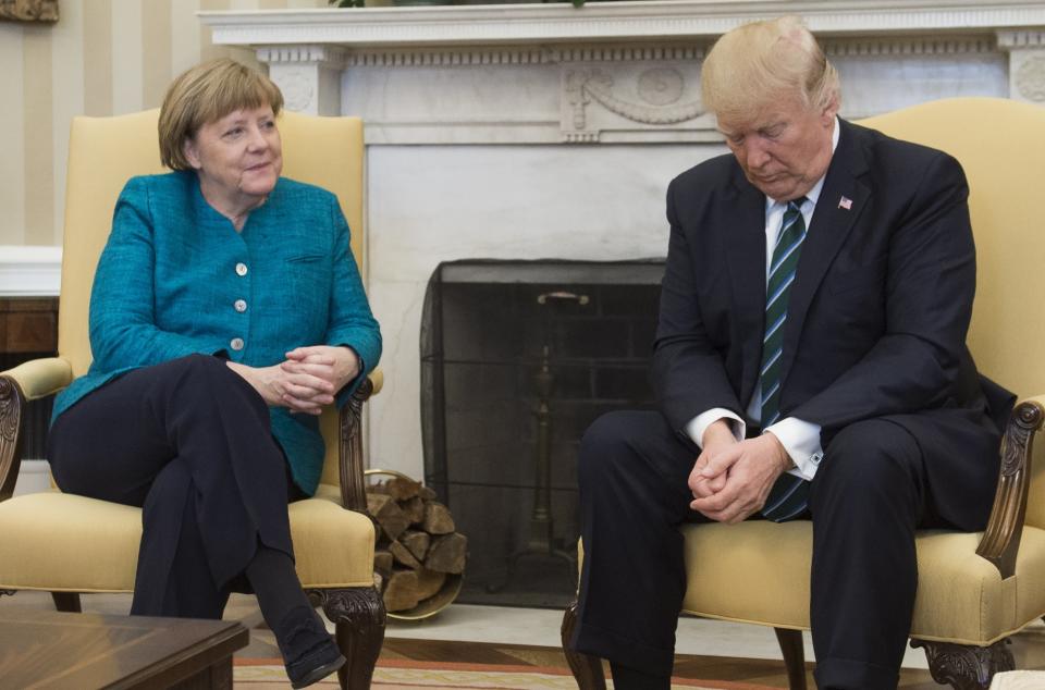 Trump and German Chancellor Angela Merkel meet in the Oval Office of the White House on March 17, 2017.