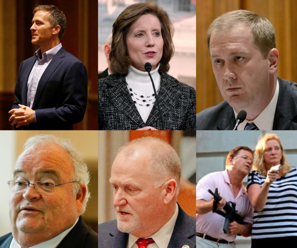 Clockwise from top left: former Gov. Eric Greitens, U.S. Rep. Vicky Hartzler, AG Eric Schmitt, U.S. Rep. Billy Long, Senate President Dave Schatz, Mark McCloskey.