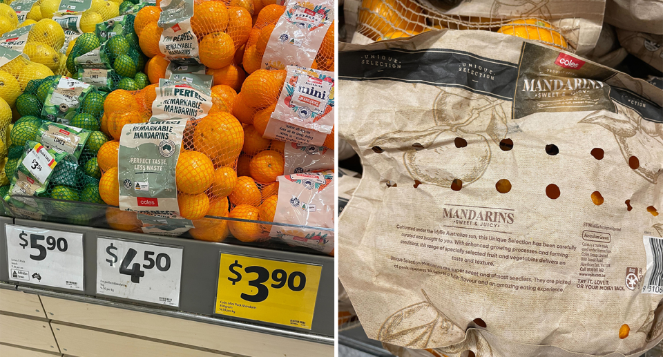 Left - fruit in plastic. Right - the new paper bags.