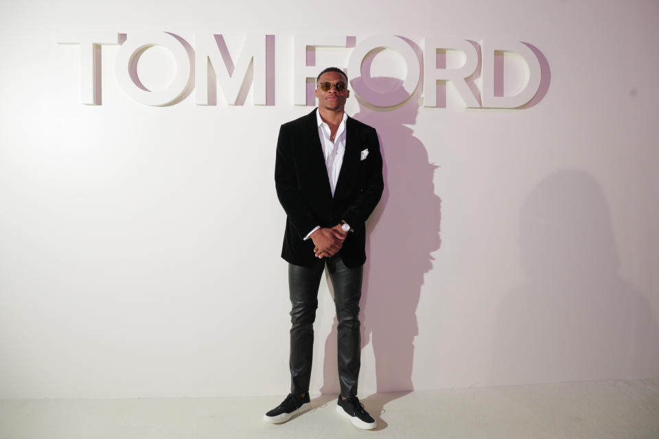 Russell Westbrook wears leather pants. (Photo: Courtesy of Tom Ford)