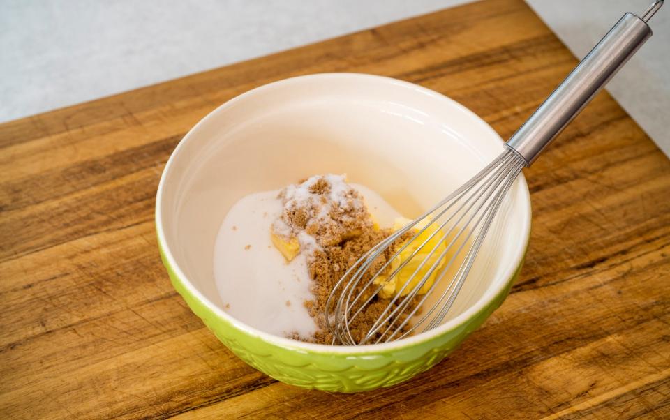 Caster sugar, soft brown sugar and softened butter to be mixed together to start the cookie dough