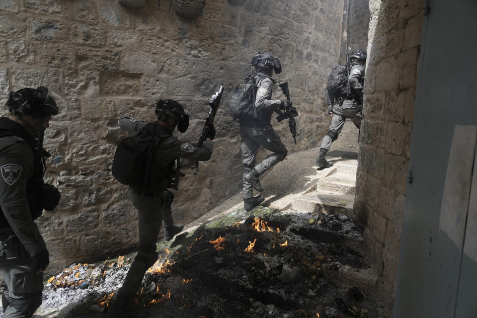 Israeli police is deployed in the Old City of Jerusalem, Sunday, April 17, 2022. Israeli police clashed with Palestinians outside Al-Aqsa Mosque after police cleared Palestinians from the sprawling compound to facilitate the routine visit of Jews to the holy site and accused Palestinians of stockpiling stones in anticipation of violence. (AP Photo/Mahmoud Illean)