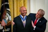 U.S. President Donald Trump presents the Medal of Freedom to former New York Yankees pitcher Mariano Rivera