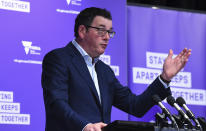 Victoria State Premier Daniel Andrews addresses the media during a press conference in Melbourne, Australia, Monday, Aug. 31, 2020. Australia recorded its deadliest day of the pandemic as the government urged hot spot Victoria state to announce its plans to lift a lockdown on the country's second-largest city. (James Ross/AAP Image via AP)