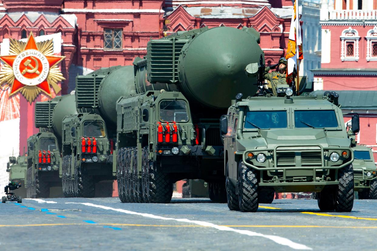 Russian RS-24 Yars ballistic missiles roll in Red Square during the Victory Day military parade in Moscow.