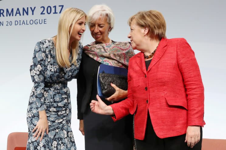 Ivanka Trump, IMF Managing Director Christine Lagarde and German Chancellor Angela Merkel at the W20 conference