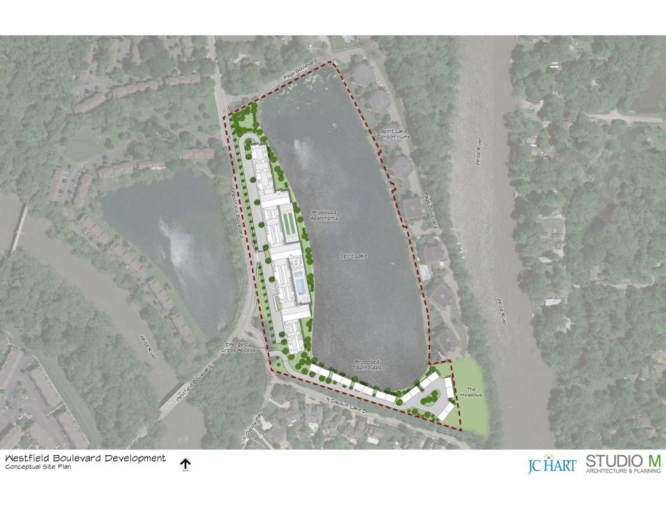 This map depicts an overview of the Willows site redevelopment. A joint venture between multi-family developer J.C. Hart Company, Chase Development, and property owner Jack Bayt aims to transform the 21. 44 acre-site from an event center to a multifamily residential development.