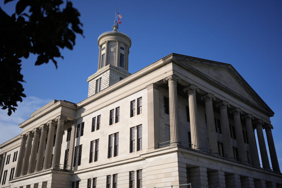 FILE - The Tennessee Capitol is seen Tuesday, April 23, 2024, in Nashville, Tenn. On Tuesday, the Republican-led Legislature in Tennessee gave final approval to legislation that would allow some public school teachers to carry concealed guns into the classroom, a year after a deadly school shooting in the state's capital city stirred impassioned debate about the best ways to curb such violence. (AP Photo/George Walker IV, File)