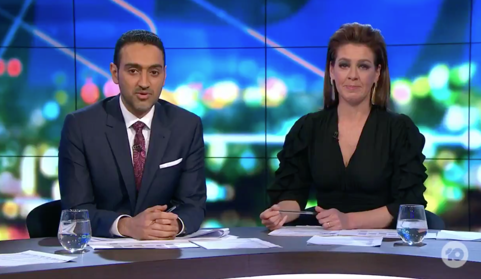 A still shot of an emotional Waleed Aly and Gorgi Coghlan paying tribute to Carla Bellomarino on The Project. Source: Channel Ten