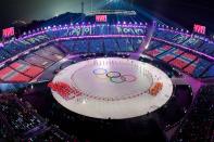 <p>The Olympics rings during the opening ceremony of the Pyeongchang 2018 Winter Olympic Games at the Pyeongchang Stadium on February 9, 2018. (Photo credit FRANCOIS-XAVIER MARIT/AFP/Getty Images) </p>