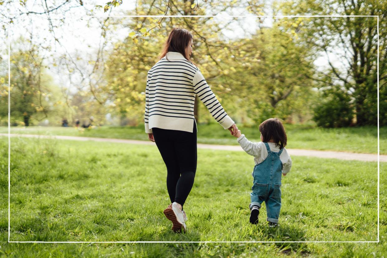  Mother holding hands with toddler daughter while walking on the grass in the park on a spring day. 