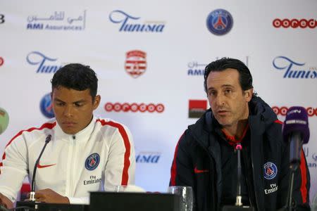 Football Soccer - Club Africain v PSG - International friendly - Tunis, Tunisia - 3/1/17. Paris St Germain coach Unai Emery (R) and Thiago Silva attends the pre-match news conference. REUTERS/Zoubeir Souissi