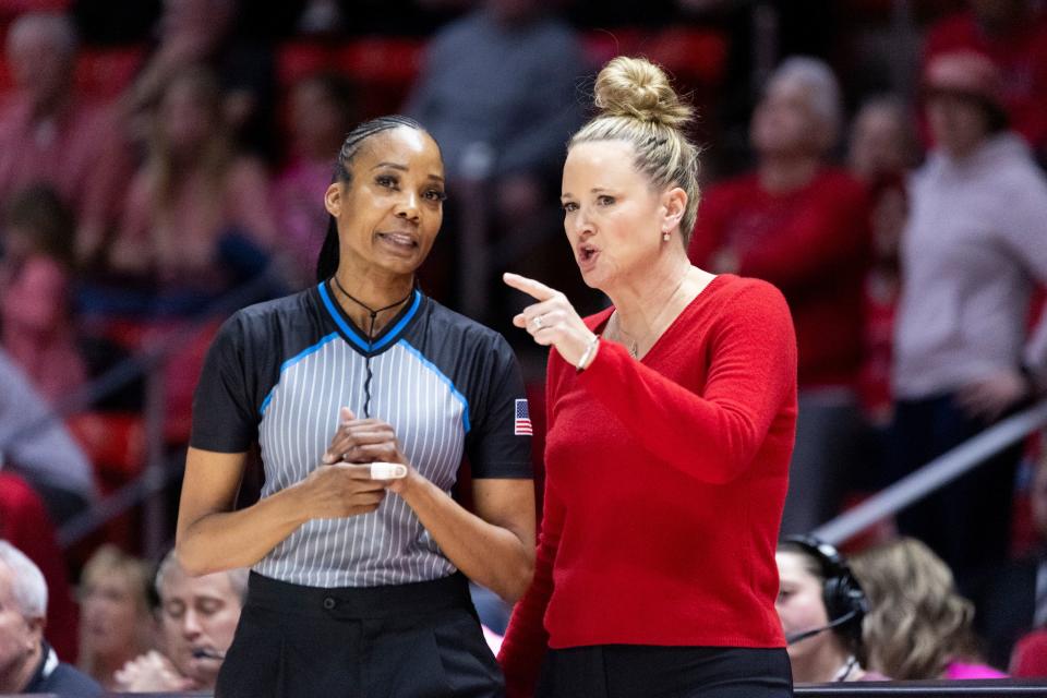Utah Utes Head Coach Lynne Roberts reacts to a foul call during a game at the Huntsman Center in Salt Lake City on Saturday, Feb. 11, 2023. | Marielle Scott, Deseret News