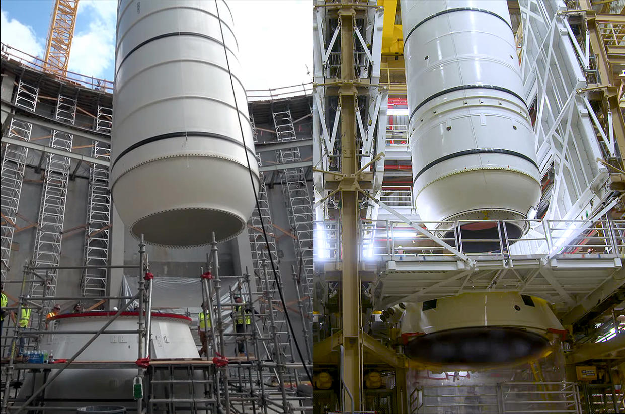  Two side-by-side photos showing large white cylindrical objects being lowered by cranes in big warehouse-like buildings. 