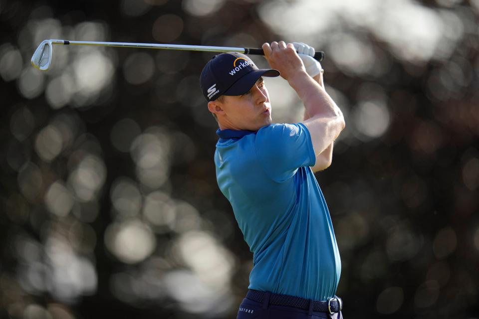 Matt Fitzpatrick, of England, watches his shot on the 16th hole (AP)