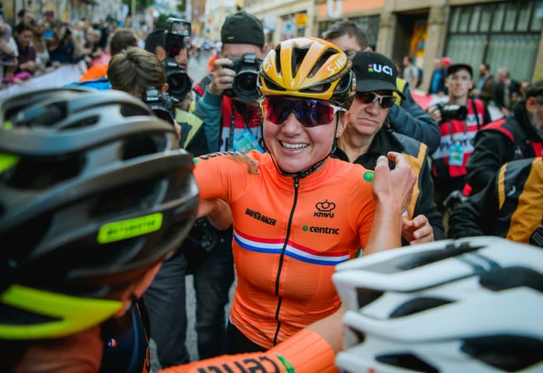 Netherlands' Chantal Blaak celebrates after winning the UCI Cycling Road World Championships in Bergen, on September 23, 2017