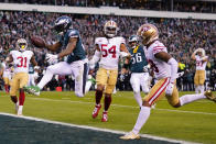 Philadelphia Eagles running back Miles Sanders celebrates after scoring during the first half of the NFC Championship NFL football game between the Philadelphia Eagles and the San Francisco 49ers on Sunday, Jan. 29, 2023, in Philadelphia. (AP Photo/Matt Rourke)