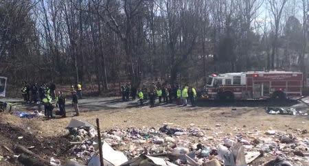 View of the scene following the accident when a train traveling from Washington to West Virginia carrying Republican members of the U.S. House of Representatives collided with a garbage truck, in Crozet, Virginia, U.S., January 31, 2018, in this picture grab obtained from a social media video. Congressman Steve King/via REUTERS