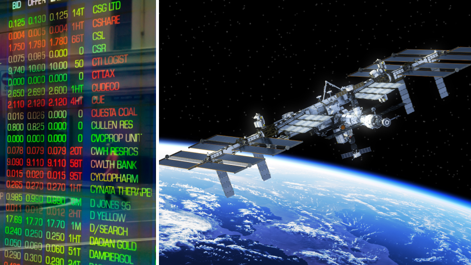 The ASX board showing company price changes and a recreation of what the international space station looks like in space.